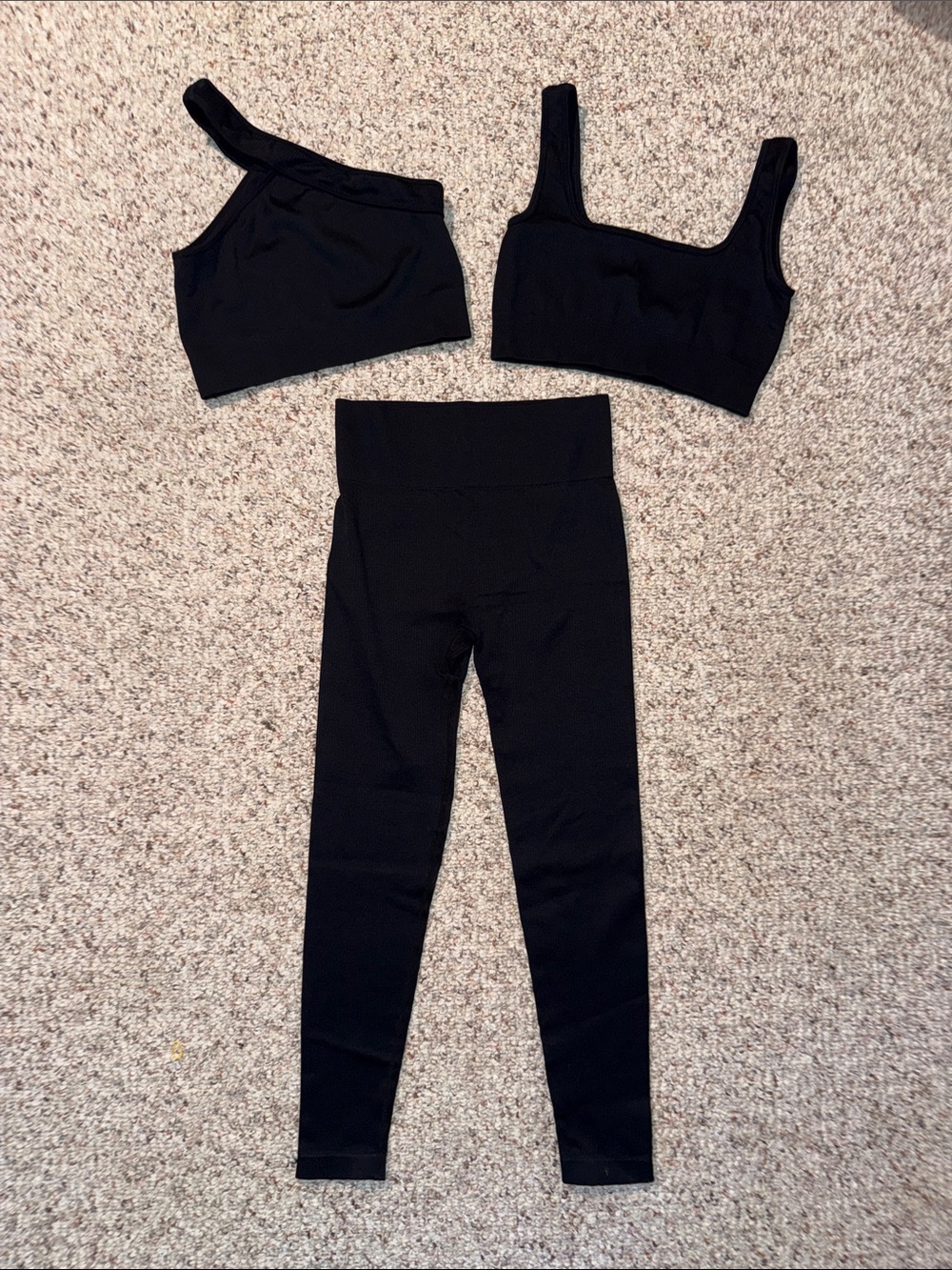 Women's Black Ribbed Activewear Set - 2 Tops + Leggings
